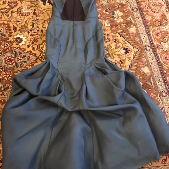 J Mendel Green Trumpet Evening Dress Gown Beads Sheer Seams Train Sz 10 Nice - Picture 6 of 11